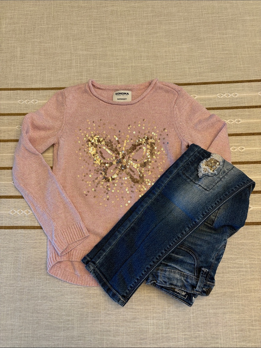 Pink Knit Sweater with Gold Sequin Butterfly and Matching Jeggings